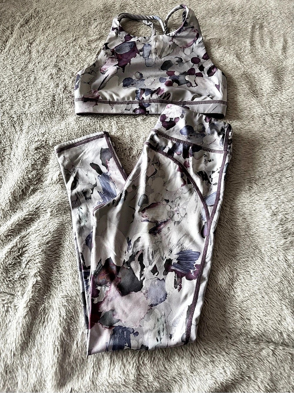 Kids Zella Floral Sports Bra & Leggings White & Purple Medium Like New